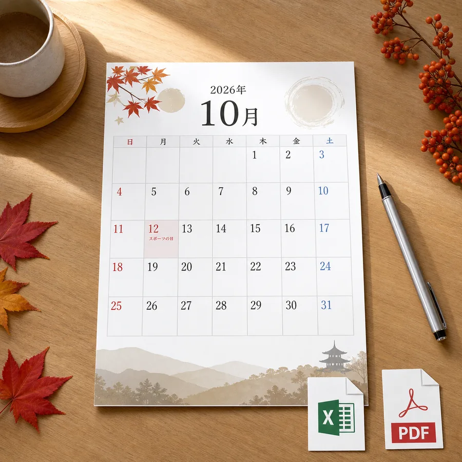 2026年10月カレンダーのスポーツの日・六曜入り印刷用プレビュー