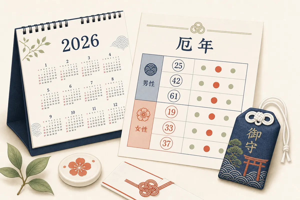 2026年の厄年早見表とカレンダーを並べた編集イラスト