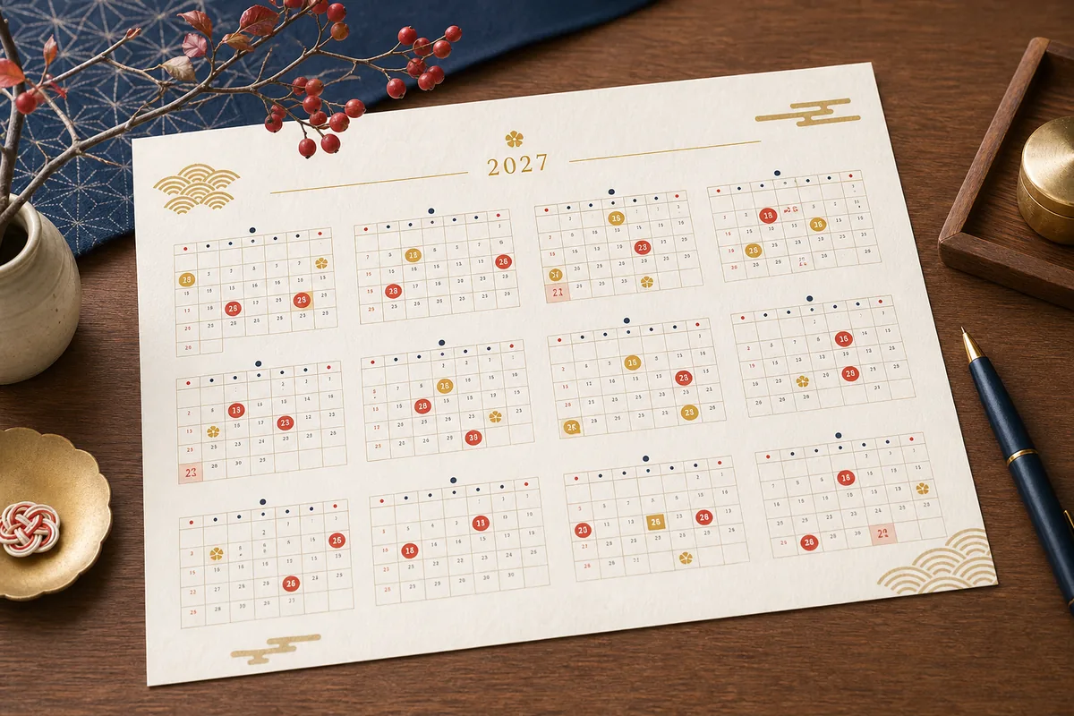 2027年の年間カレンダーに吉日を印した開運カレンダーのイメージ