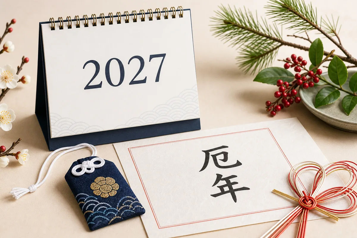 2027年の卓上カレンダーと厄年の文字を配した早見表イメージ
